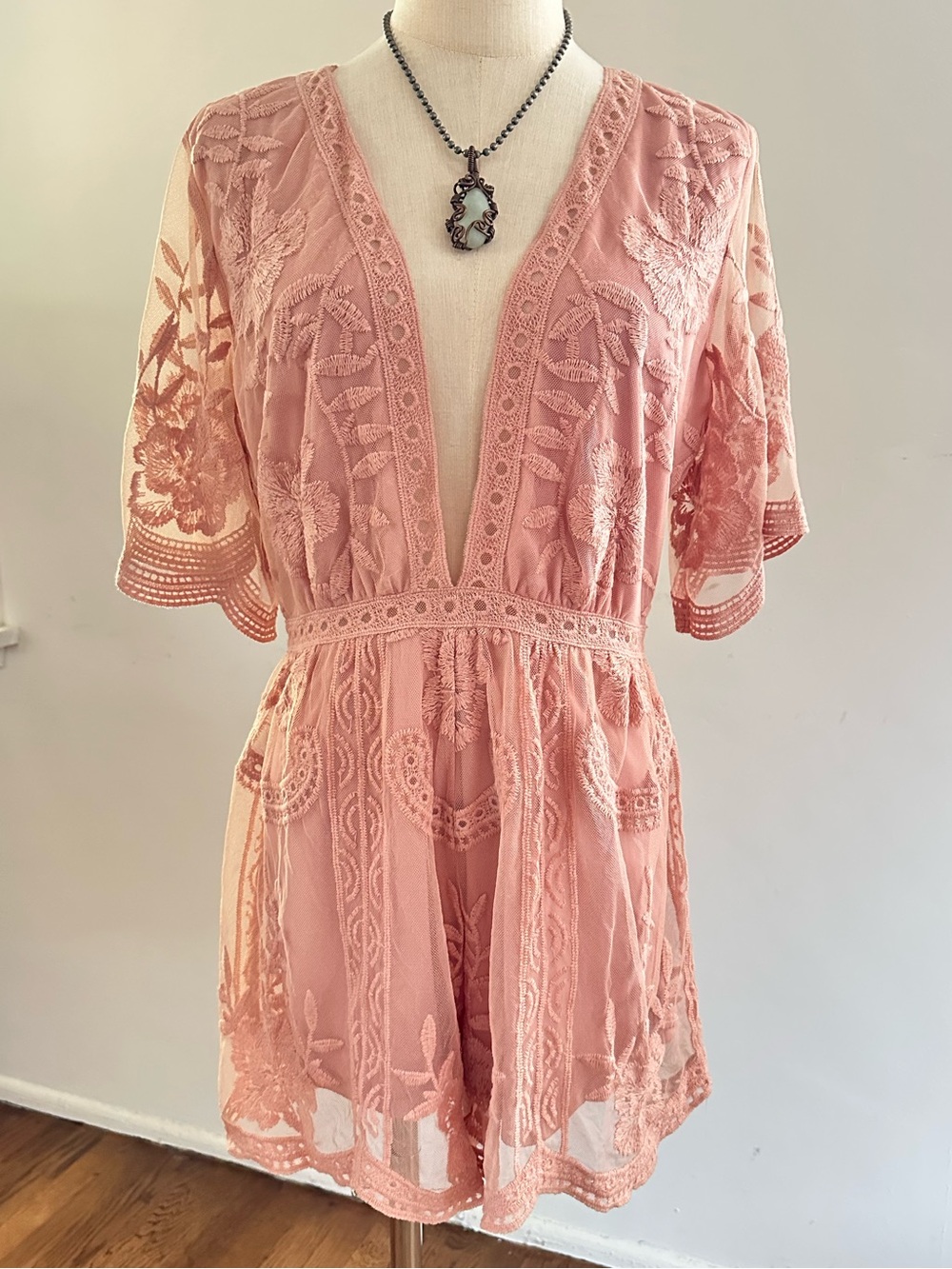 Honey Punch Blush Pink Embroidered Lace Romper Boho Festival Size M